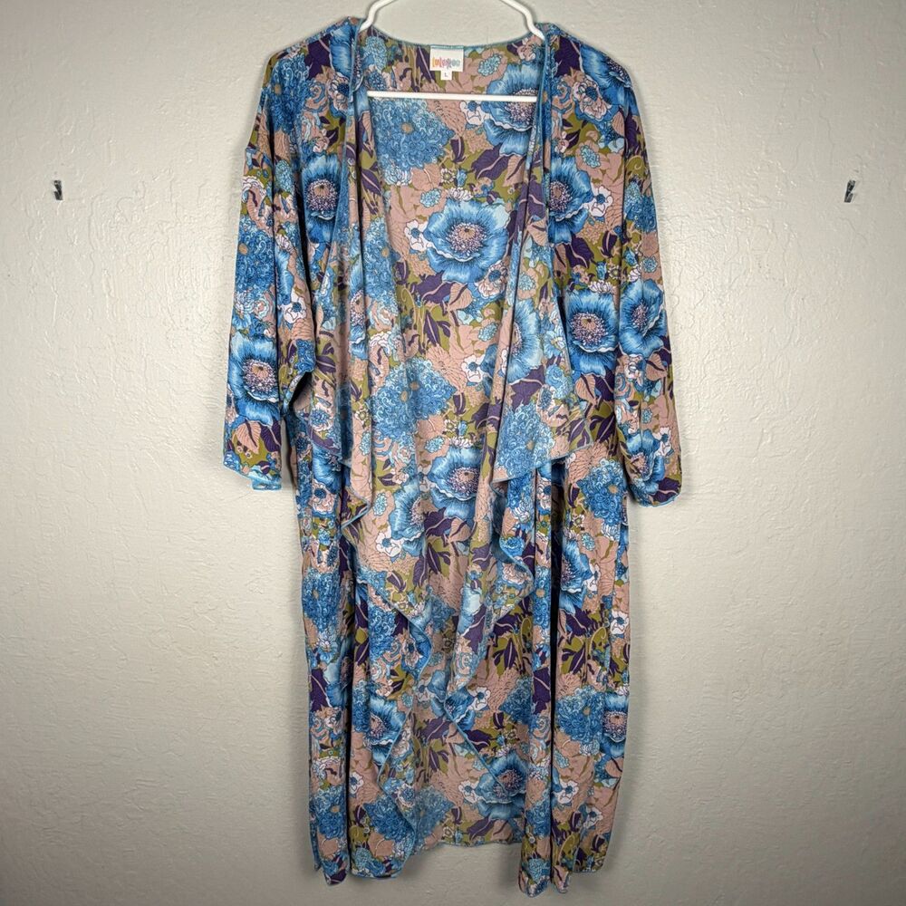 LuLaRoe Shirley Kimono Duster Floral Open Front Blue Pink Womens Size Large NWOT